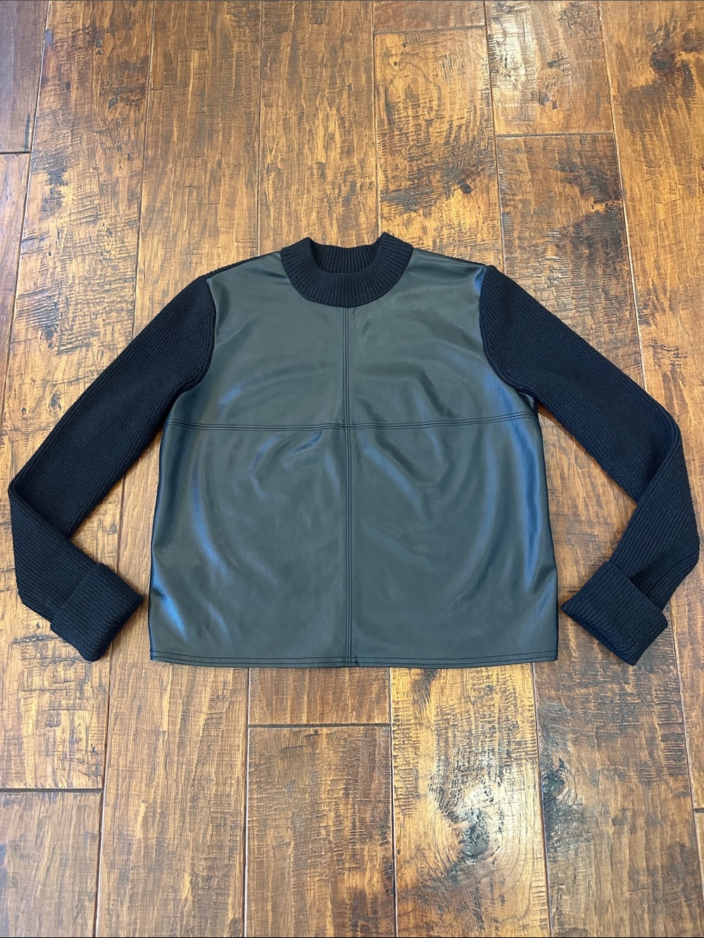 Ann Taylor Black Mixed Media Faux Leather Front Knit Sweater - Size M
